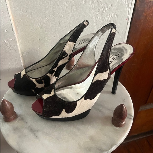 Guess sling back heels stiletto cow print pony hair peep toe - Picture 5 of 9
